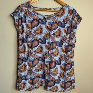 SoyaConcept Women's Floral Short Sleeve Pullover Blouse Blue Large Boho Paisley